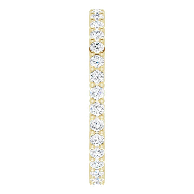 14K Yellow Gold 1.7 MM Shared Prongs Diamond Wedding Band for women showing Diamond from the side