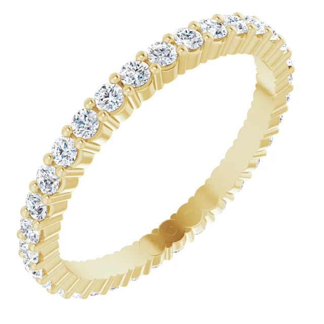 Side view for 1.7 MM Shared Prongs Diamond Wedding Band for women Set in Yellow Gold