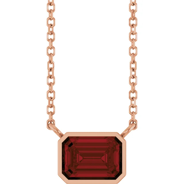 Rose Gold Garnet Bezel Set Emerald Cut Birthstone Pendant