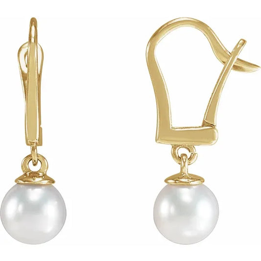 14K Yellow Gold Cultured Pearl Lever Back Dangle Earrings
