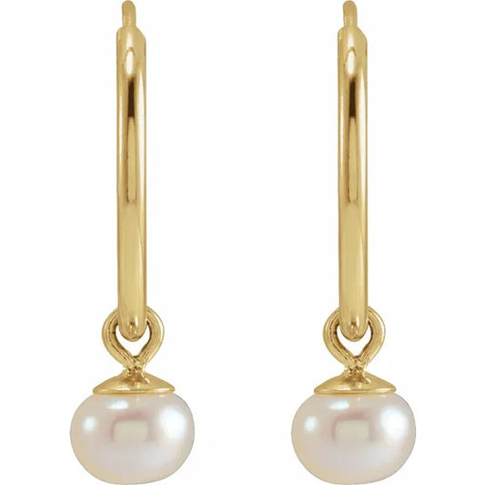 14K Yellow Gold 12 MM Freshwater Pearl Endless Hoop Earrings showing pearl