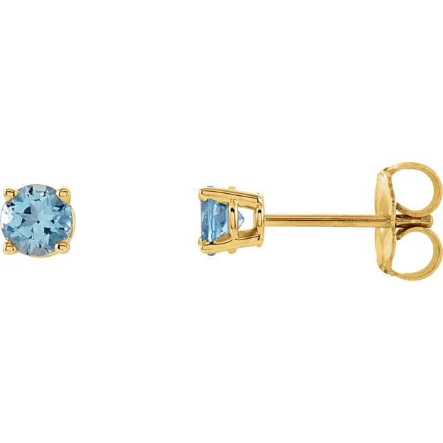 Natural aquamarine 4 mm prong set stud earrings in 14K yellow gold