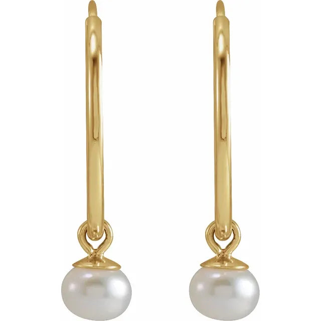 14K Yellow Cultured White Freshwater Pearl 15 mm Endless Hoop Earrings