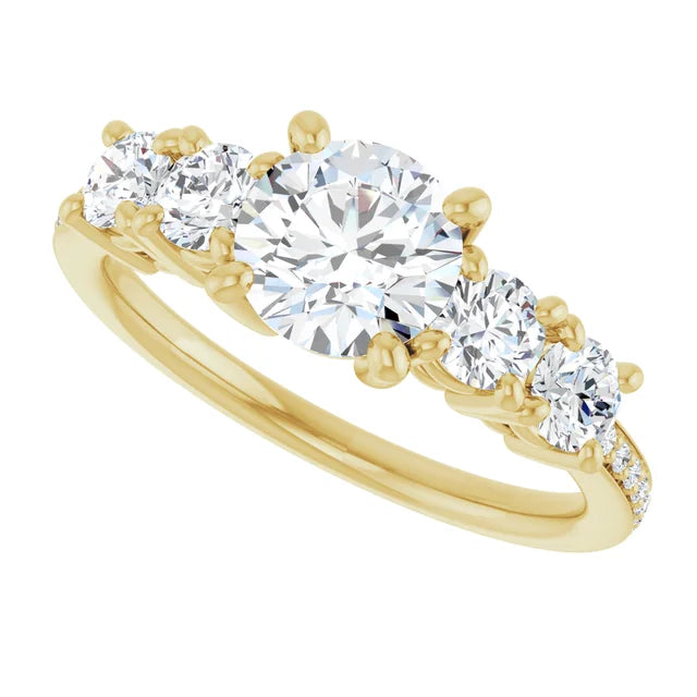 Sideway Picture for Five-stone round diamond engagement ring in 14K yellow gold with accent diamonds.