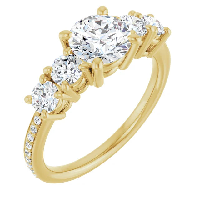 Five-stone round diamond engagement ring in 14K yellow gold with accent diamonds. showing Accented Shanks