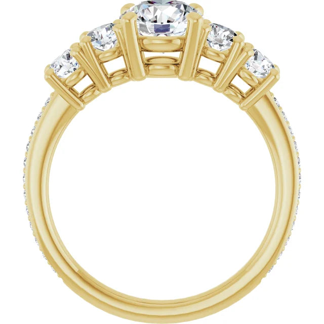 Five-stone round diamond engagement ring in 14K yellow gold with accent diamonds showing under gallery