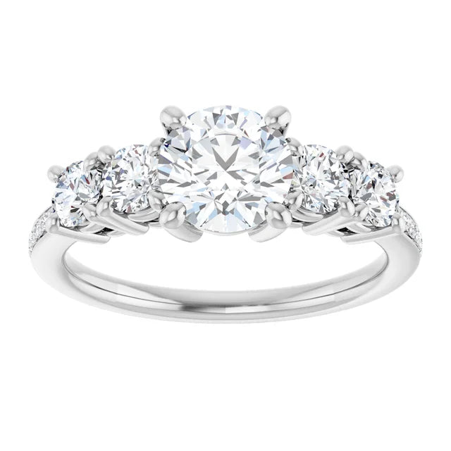 Round diamond five-stone ring in white gold or platinum with sparkling side and accent stones.
