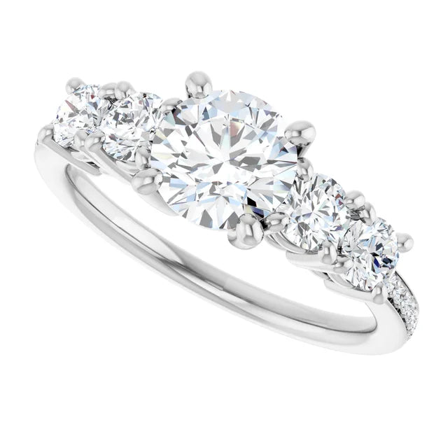 sideway picture Round diamond five-stone ring in white gold or platinum with sparkling side and accent stones.