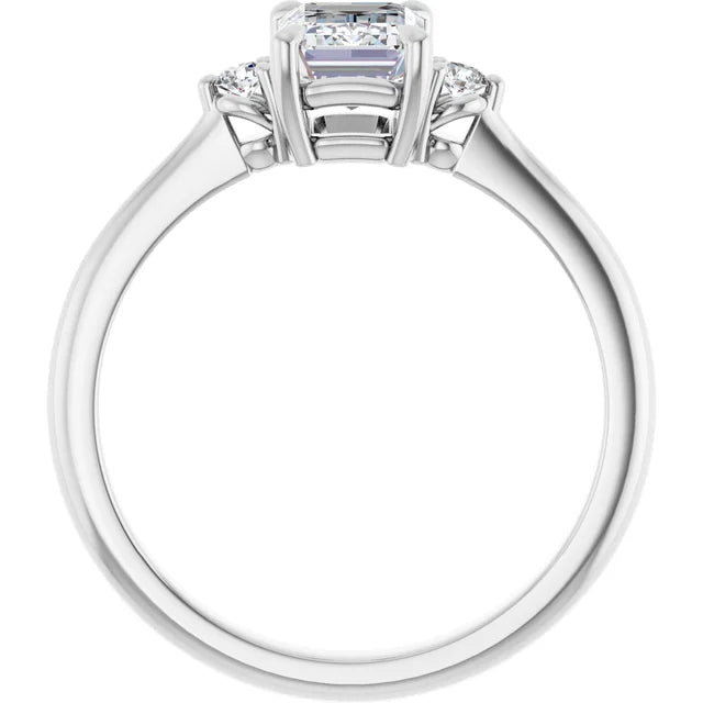 1 CT Three Stone Round and Emerald Diamond engagement Ring Set in white gold or platinum showing under gallery