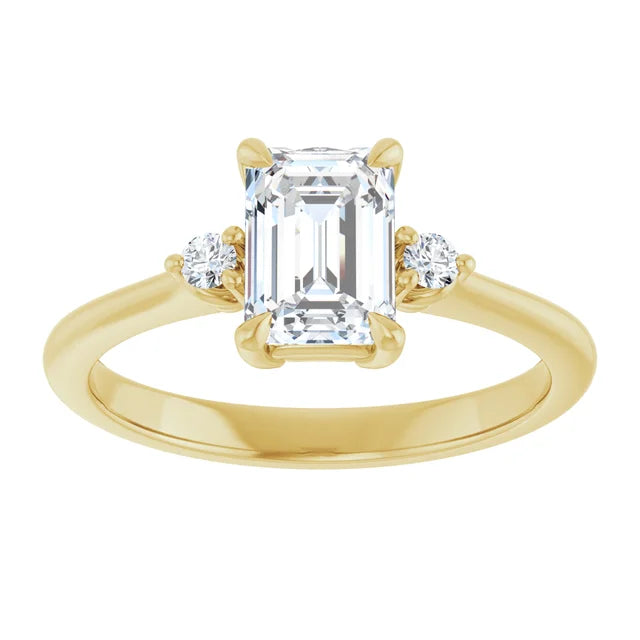 1 CT Three Stone Round and Emerald Diamond engagement Ring