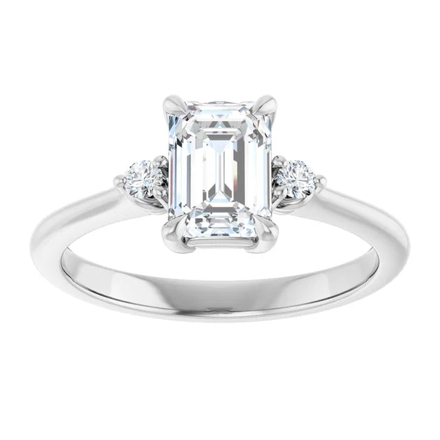 1 CT Three Stone Round and Emerald Diamond engagement Ring Set in white gold or platinum