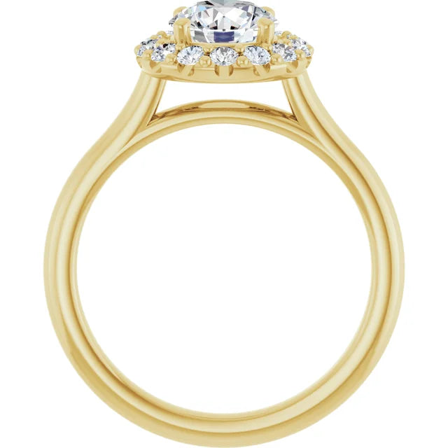 1 1/4 Round diamond engagement ring with a radiant-style halo and crown-like setting in yellow gold showing under gallery