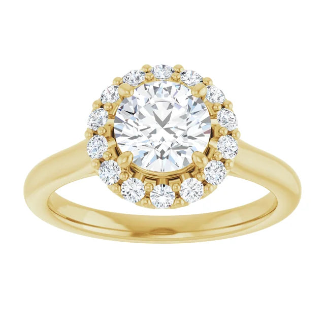 1 1/4 Round diamond engagement ring with a radiant-style halo and crown-like setting