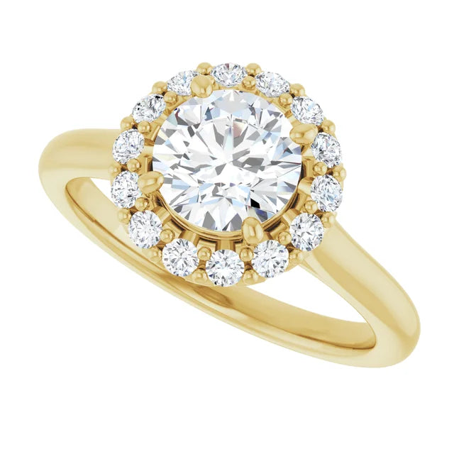 1 1/4 Round diamond engagement ring with a radiant-style halo and crown-like setting in yellow gold showing halo diamond