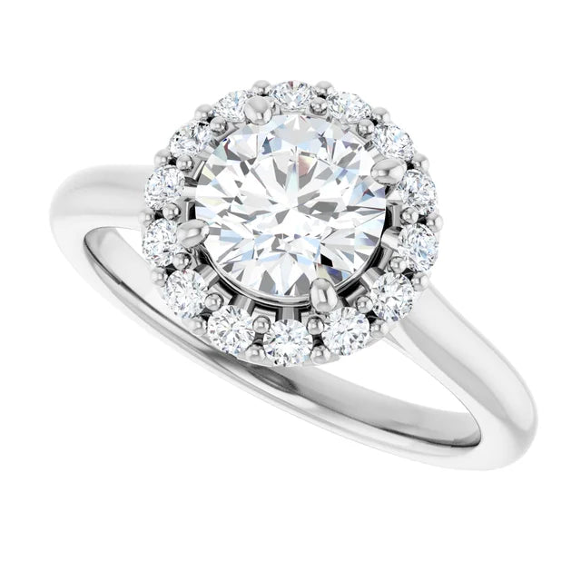 1 1/4 Round diamond engagement ring with a radiant-style halo and crown-like setting in White Gold