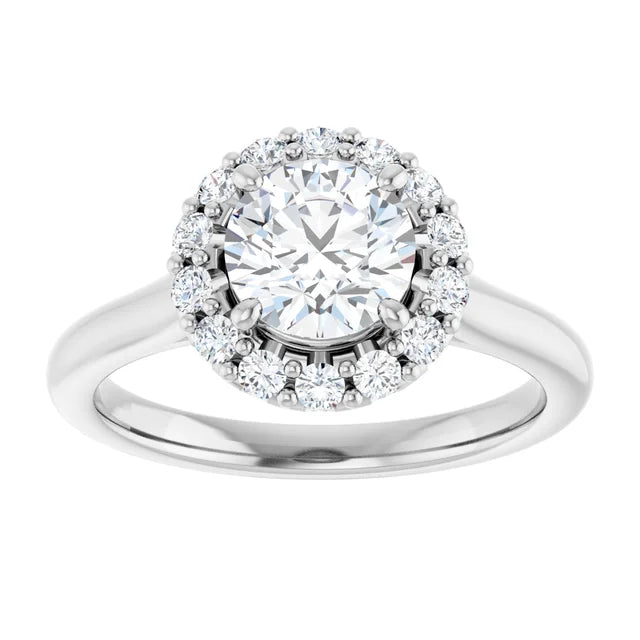 1 1/4 Round diamond engagement ring with a radiant-style halo and crown-like setting in Platinum showing Center Stone and Halo Diamond