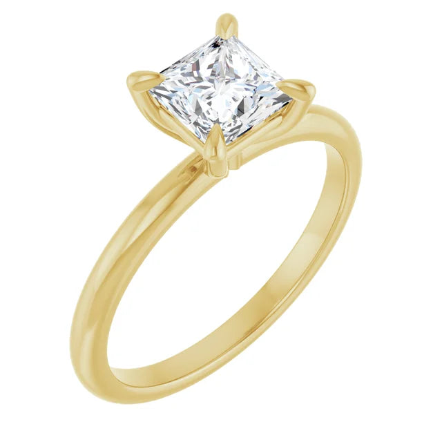 1 CT Princess-cut diamond solitaire engagement ring with claw prongs yellow gold picture from the side