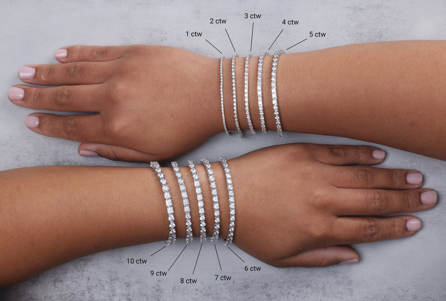 a picture showing Diamond tennis Bracelets Sizes in models hands
