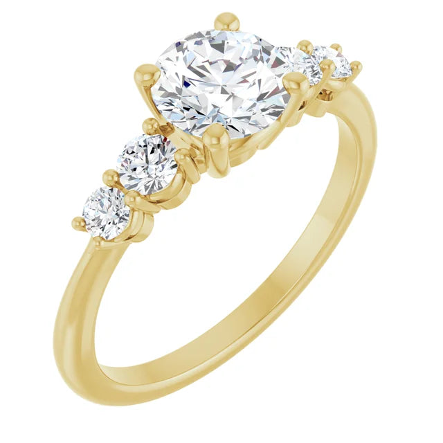 sideway picture for five-stone diamond ring with claw prongs and polished gold band set in yellow gold