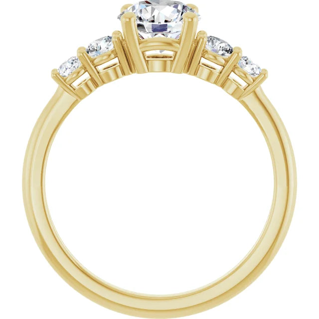 five-stone diamond ring with claw prongs and polished gold band in Yellow gold showing under gallery