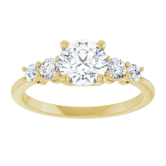 five-stone diamond ring with claw prongs and polished gold band