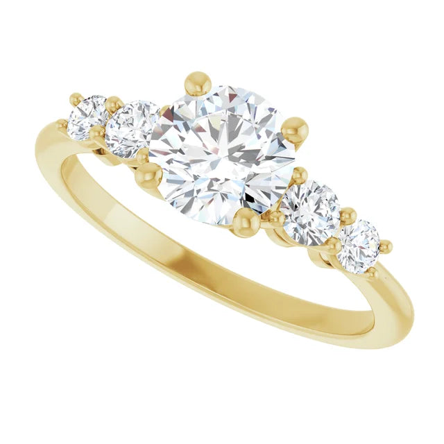 Sideway Picture for five-stone diamond ring with claw prongs and polished gold band set in Yellow Gold