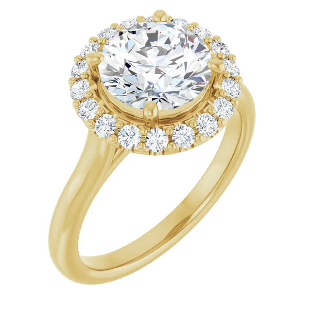 2 1/3 Round diamond engagement ring with a radiant-style halo and crown-like setting