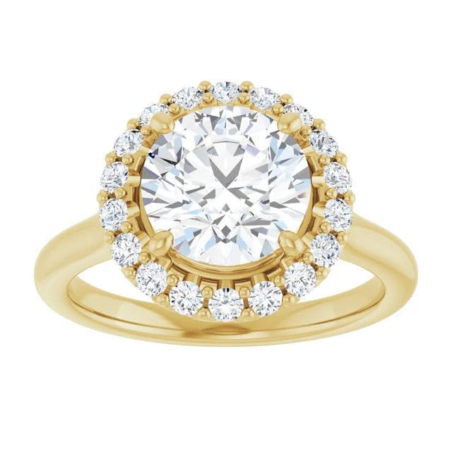 2 1/3 Round diamond engagement ring with a radiant-style halo and crown-like setting in Yellow Gold