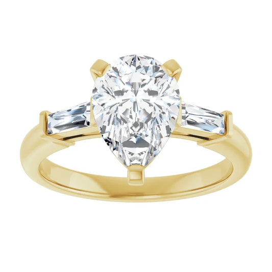 2 CT Pear & Baguette Three Stone Diamond Engagement Ring for Women Set in Yellow Gold