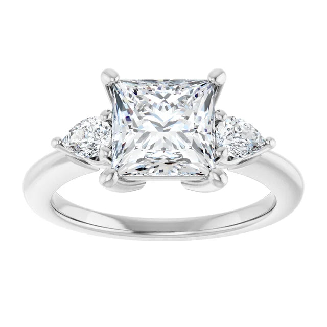 2 CT three Stone Princess & Pear Diamond Engagement Ring for women set in white gold or platinum
