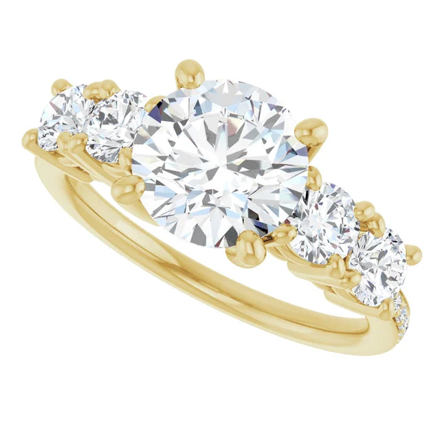 5-Stone Round diamond Engagement Ring with accented Stones on the shank set in Yellow Gold