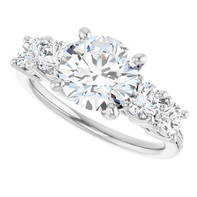 sideway Picture for 5-Stone Round diamond Engagement Ring with accented Stones on the shank in White gold