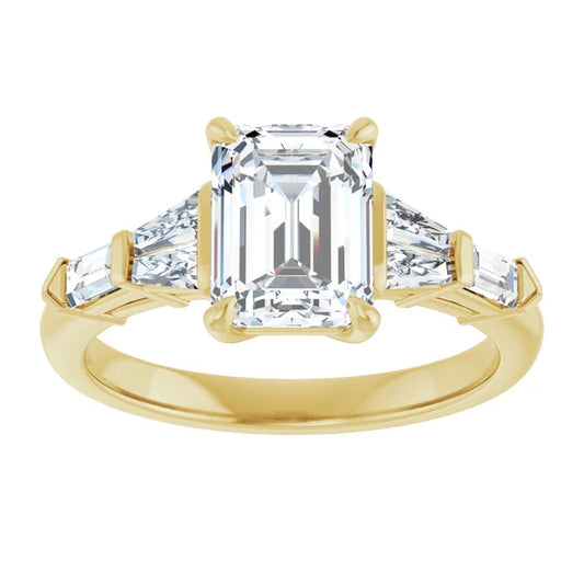 2 CT 5-Stone Emerald Cut diamond engagement ring with tapered baguette and Straight baguette side stones set in Yellow gold