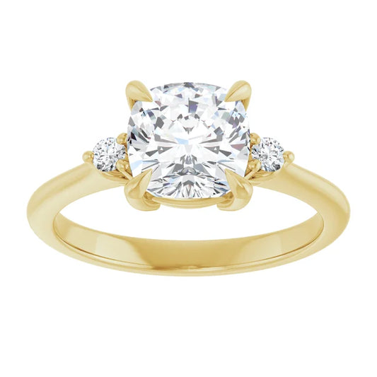 2 CT Three Stones Cushion center stone and round side stones Diamond Engagement Ring Set in Yellow Gold