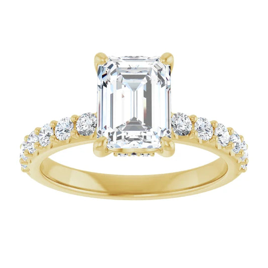 2CT Hidden Halo Emerald Cut Diamond Engagement Ring with accented Shank