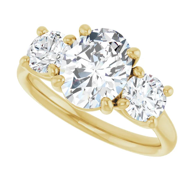 Sideway Picture for 2 1/2 CTW 3-Stone oval center stone and two round stones on the Side Set in Yellow Gold