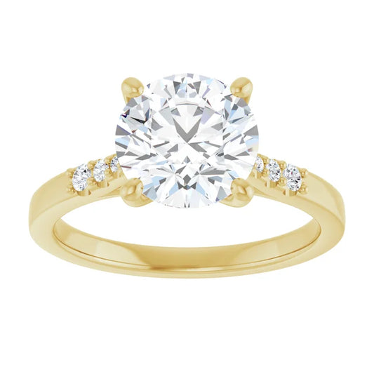2 Round diamond engagement ring with tapered natural diamond accents in Yellow gold sideway picture showing diamonds on the band
