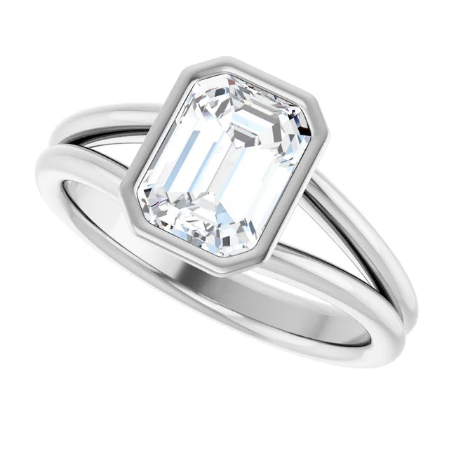 Sideway Picture for 2 CT Bezel Set Split Shank Emerald Cut Solitaire Diamond Engagement Ring Set in White gold or platinum