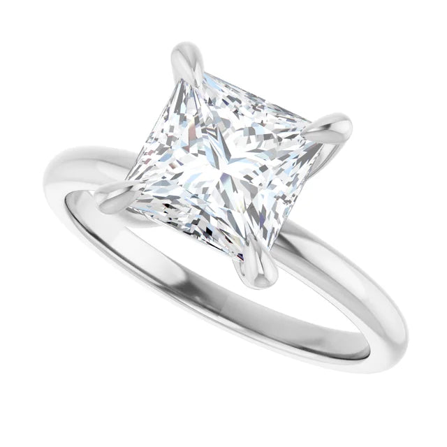 Sideway Picture for 2 CT Claw Prong Princess Cut Solitaire Engagement Ring Set in white gold or platinum