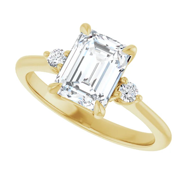 Sideway picture for 1 CT Three Stone Round and Emerald Diamond engagement Ring Set in Yellow Gold