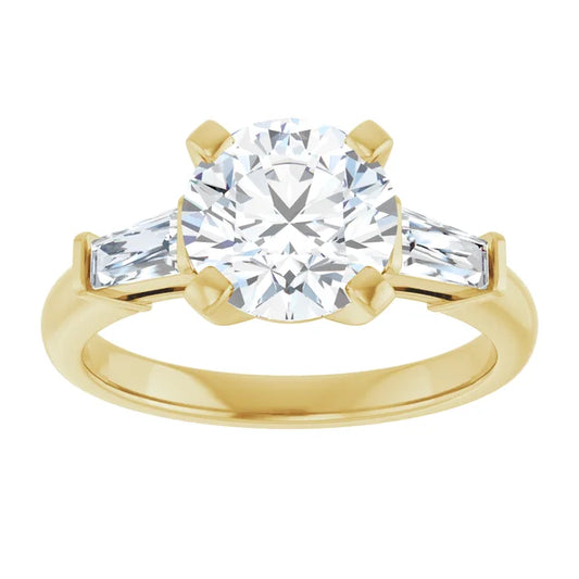 2 CT Weight Round and tapered baguette three Stone Diamond Engagement Ring for Women Set in Yellow Gold