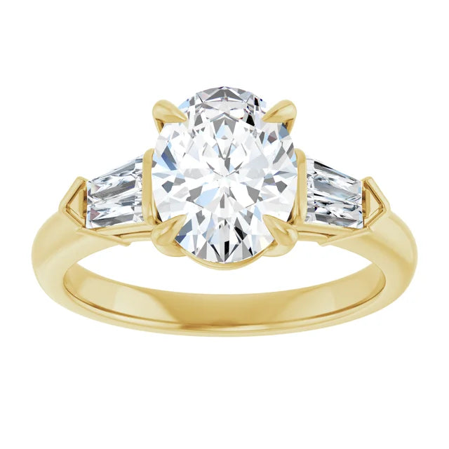2 CT Oval & baguette three Stone Diamond engagement Ring
