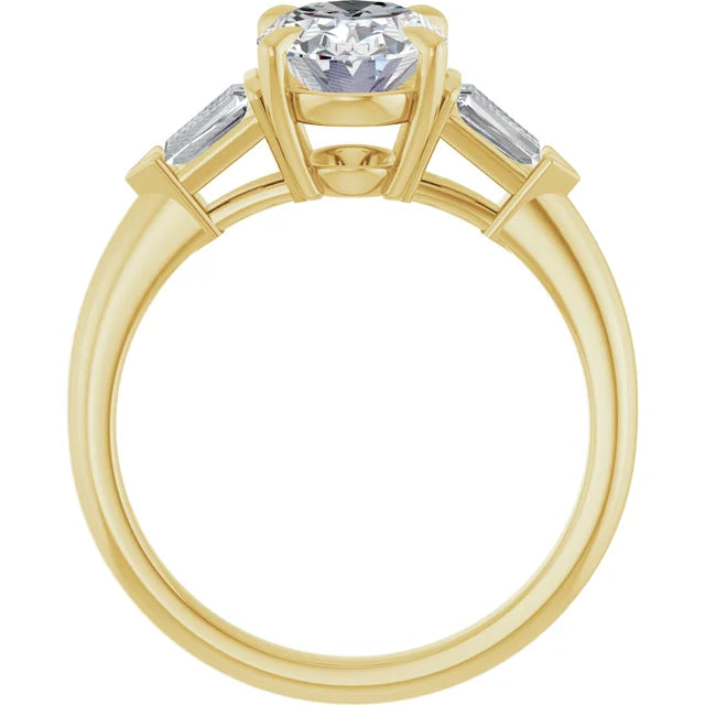 2 CT Oval & baguette three Stone Diamond engagement Ring set in yellow gold showing under gallery