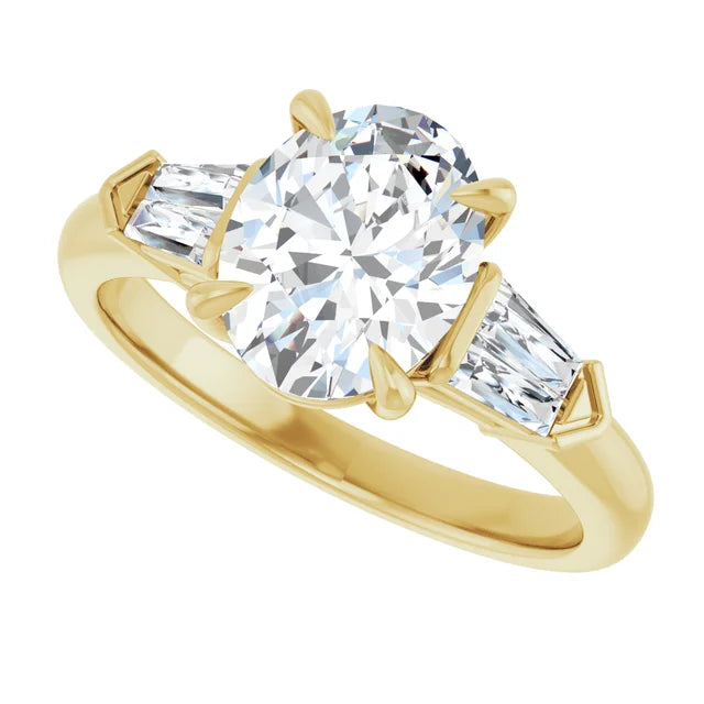 Sideway picture for 2 CT Oval & baguette three Stone Diamond engagement Ring Set in Yellow Gold