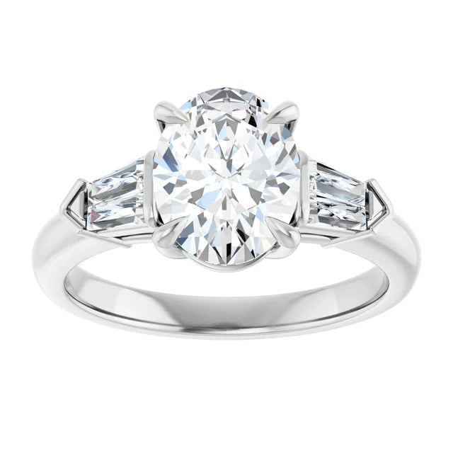 2 CT Oval & baguette three Stone Diamond engagement Ring set in white gold or platinum
