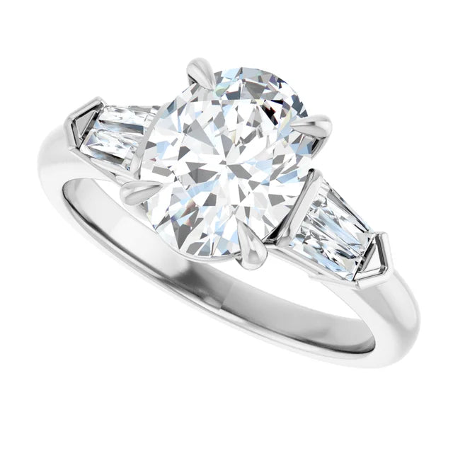 Sideway Picture for 2 CT Oval & baguette three Stone Diamond engagement Ring Set in White gold or platinum