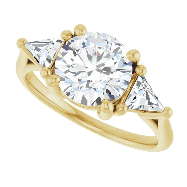 Sideway Picture for 2 CT Trillion Trio Round three stones Diamond Engagement Ring set in Yellow gold