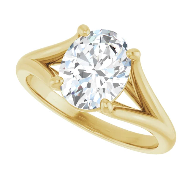 Sideway Picture for 2 CT Split Shank Oval Shape Diamond Engagement Ring set in Yellow Gold