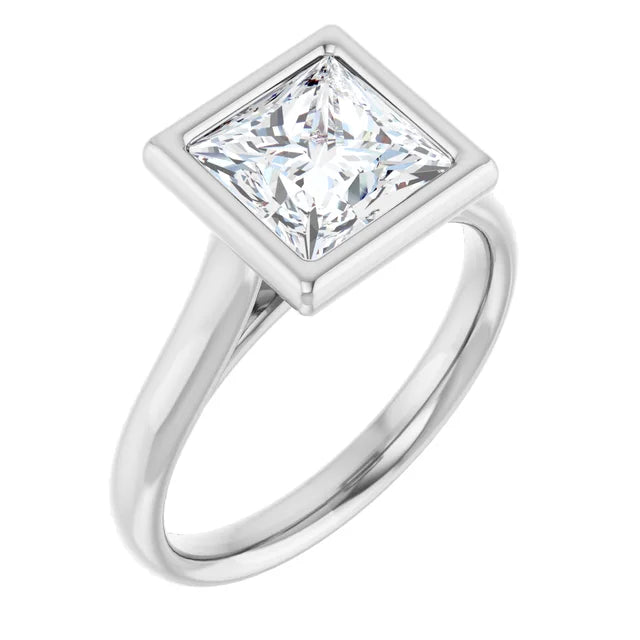 Sideway Picture for 2 CT Bezel Set Square Diamond Engagement Ring set in white gold or platinum.