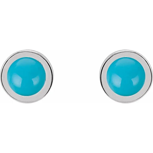 Cabochon Natural Turquoise Bezel-Set Solitaire Earrings Set in White gold or platinum